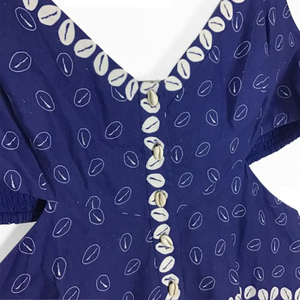 Farm Rio Mixed Ondina Blue Midi Cut out Ruched Sided Buttoned Down Maxi Dress - Picture 6 of 16